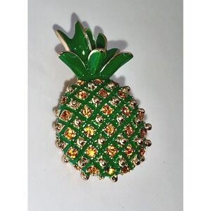 Green Enamel Pineapple‎ Brooch w/ Amber Rhinestones Gold-Tone 2"